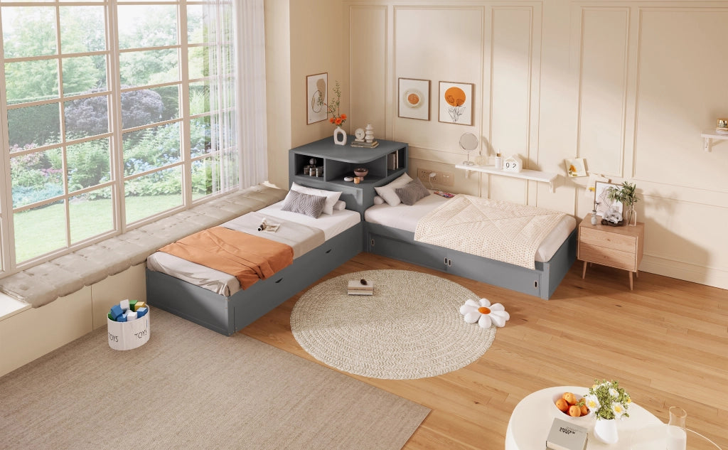 Letto a piattaforma a L 90x200 cm con letto estraibile e contenitore con porta scorrevole, luce notturna inclusa, Grigio
