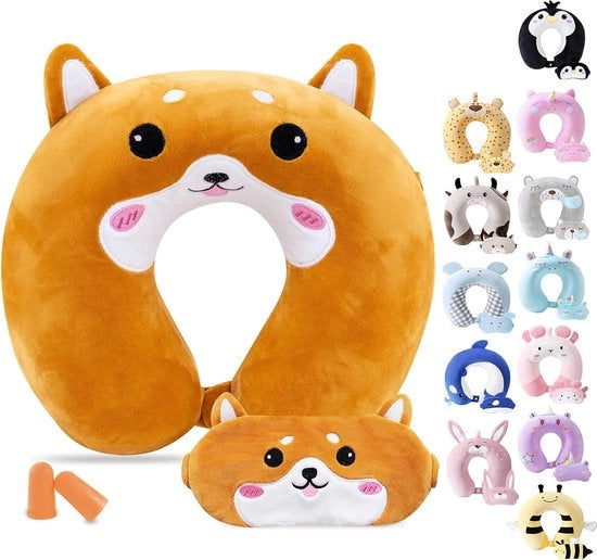 Cuscino per bambini con memory foam a forma di U, cuscino per collo con maschera da sonno, giocattolo morbido a forma di animale, supporto per testa e collo per bambini, adatto per viaggi in aereo, auto, bus, regalo per bambini.