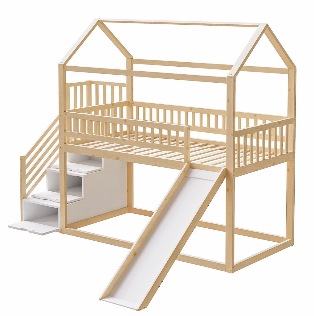 Letto a soppalco per bambini con scivolo e scala contenitore 90 x 200 cm; legno naturale