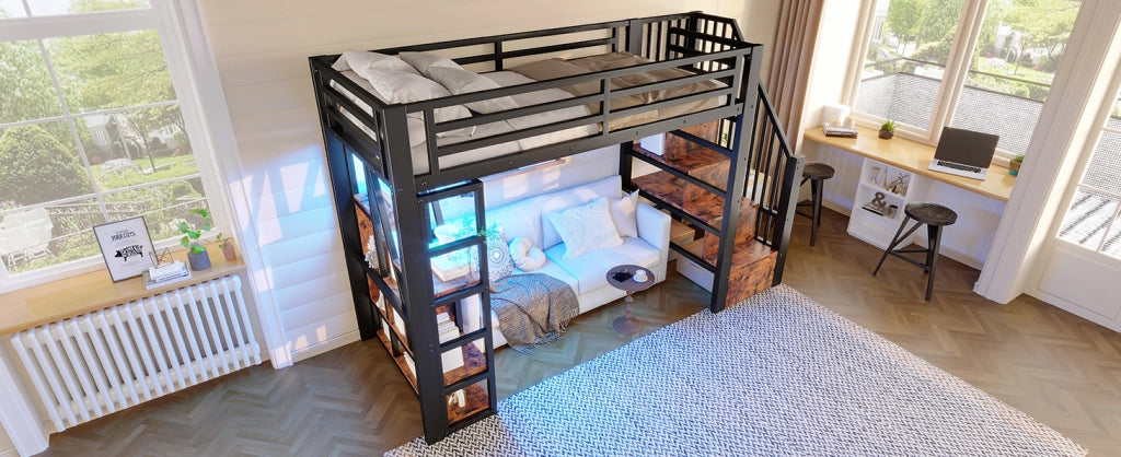 Letto a soppalco 90x200 cm con struttura in ferro, scaletta integrata, sponde di sicurezza e luce LED multicolore, colore nero