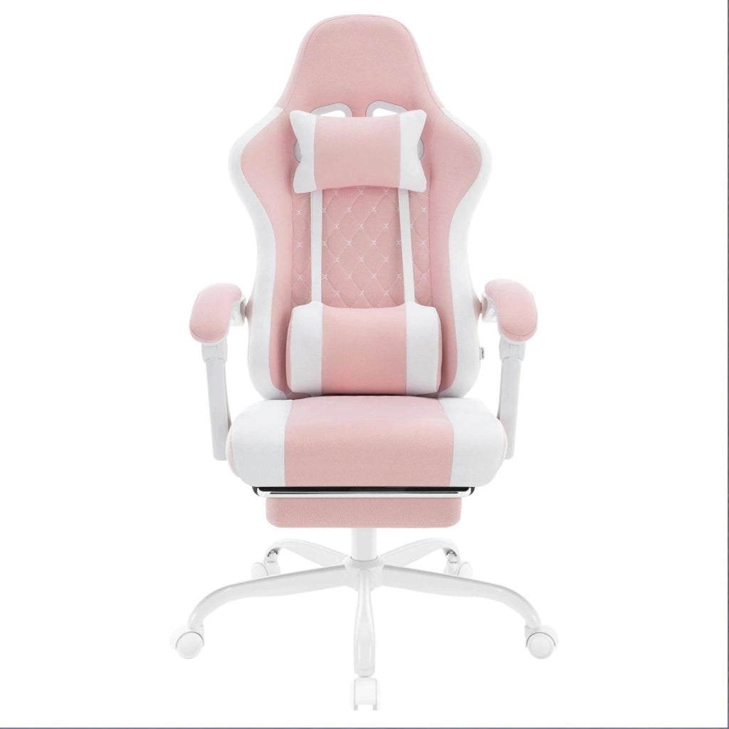 Sedia gaming ergonomica rosa e bianca con massaggio USB