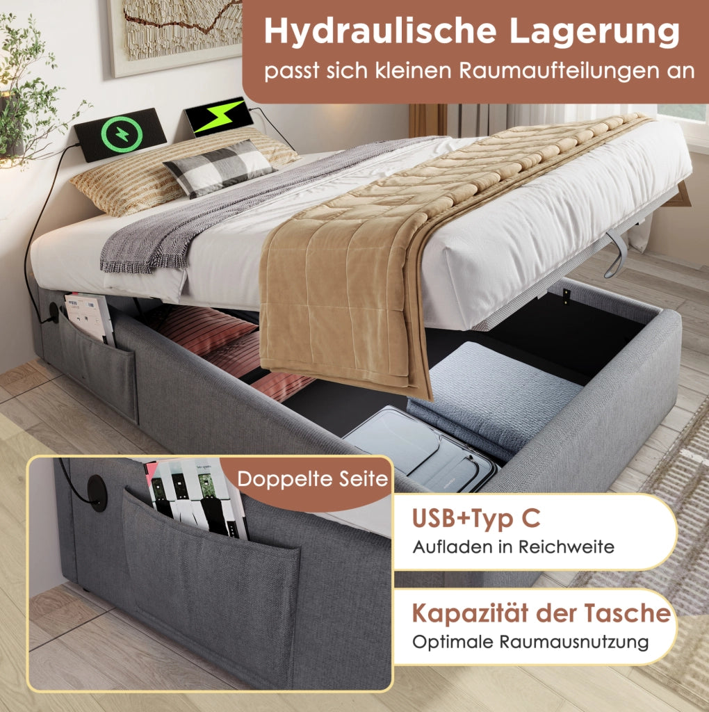 Letto contenitore 140 x 200 cm grigio con USB e porta Type-C