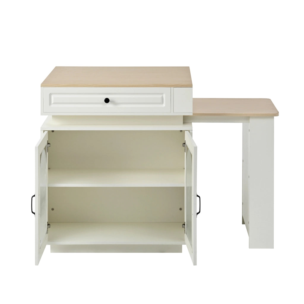Isola Cucina con Ruote e Tavolo da Pranzo Allungabile; Tavolo Bar con Prese Elettriche; LED a 5 Colori; 128-200 cm; Bianco