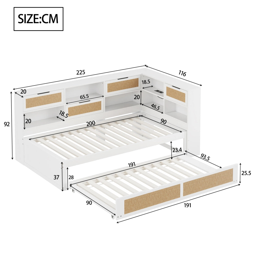 Letto divano 90x200 cm con letto estraibile e prese di ricarica in legno bianco