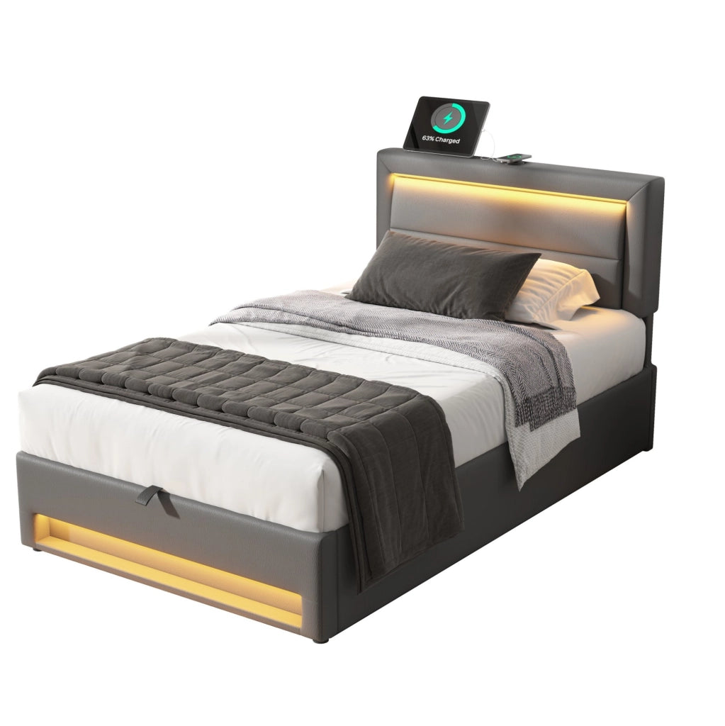 Letto imbottito 90x190 cm con contenitore, LED e ricarica USB in PU grigio