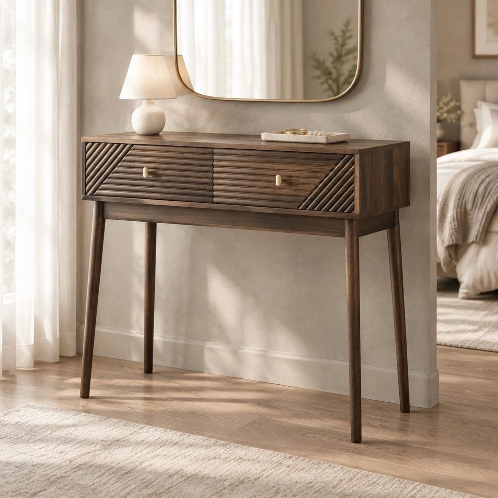 Scrivania consolle con 2 cassetti e ripiani aperti; MDF e truciolare; color noce