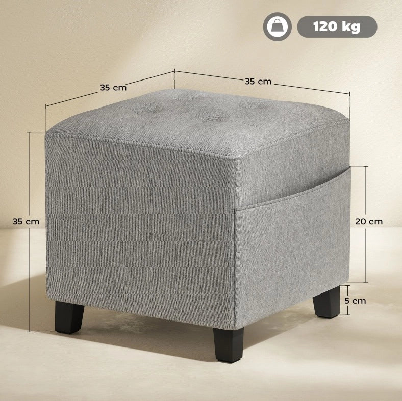 POUF Poggiapiedi 35x35x35 cm in Lino Grigio Chiaro con Tasca