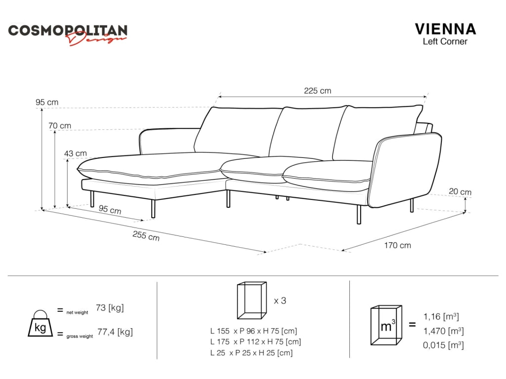 Cosmopolitan Design - Divano angolare sinistro "Vienna" 5 posti in bouclé grigio 