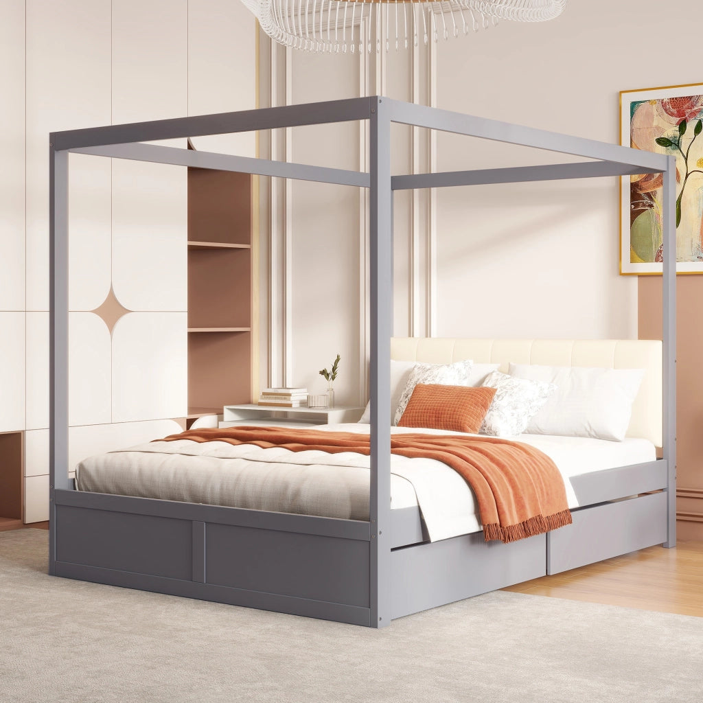 Letto a tenda 140x200 cm con due cassetti; schienale imbottito e struttura in legno; grigio e bianco
