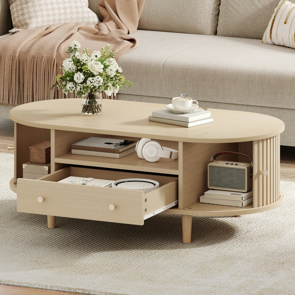 Tavolino da salotto ovale con cassetto, vano aperto e 2 ante a rullo per soggiorno, in mdf rovere, 100 × 50 × 36 cm