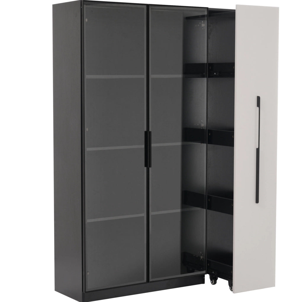 Mobile vetrina 110,5x35x160 cm con LED e modulo estraibile in MDF bianco e nero