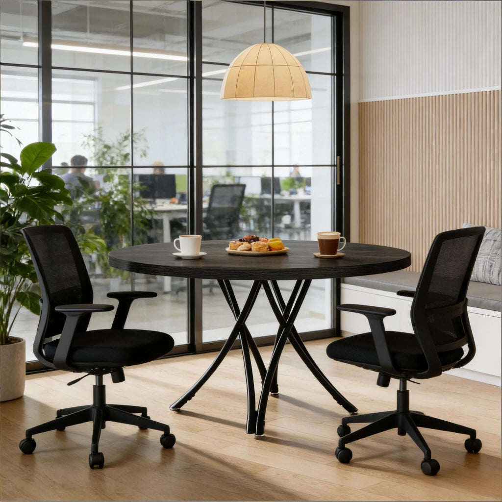 Tavolo da pranzo rotondo con gambe incrociate in legno nero opaco per 4–6 persone diametro 120 cm