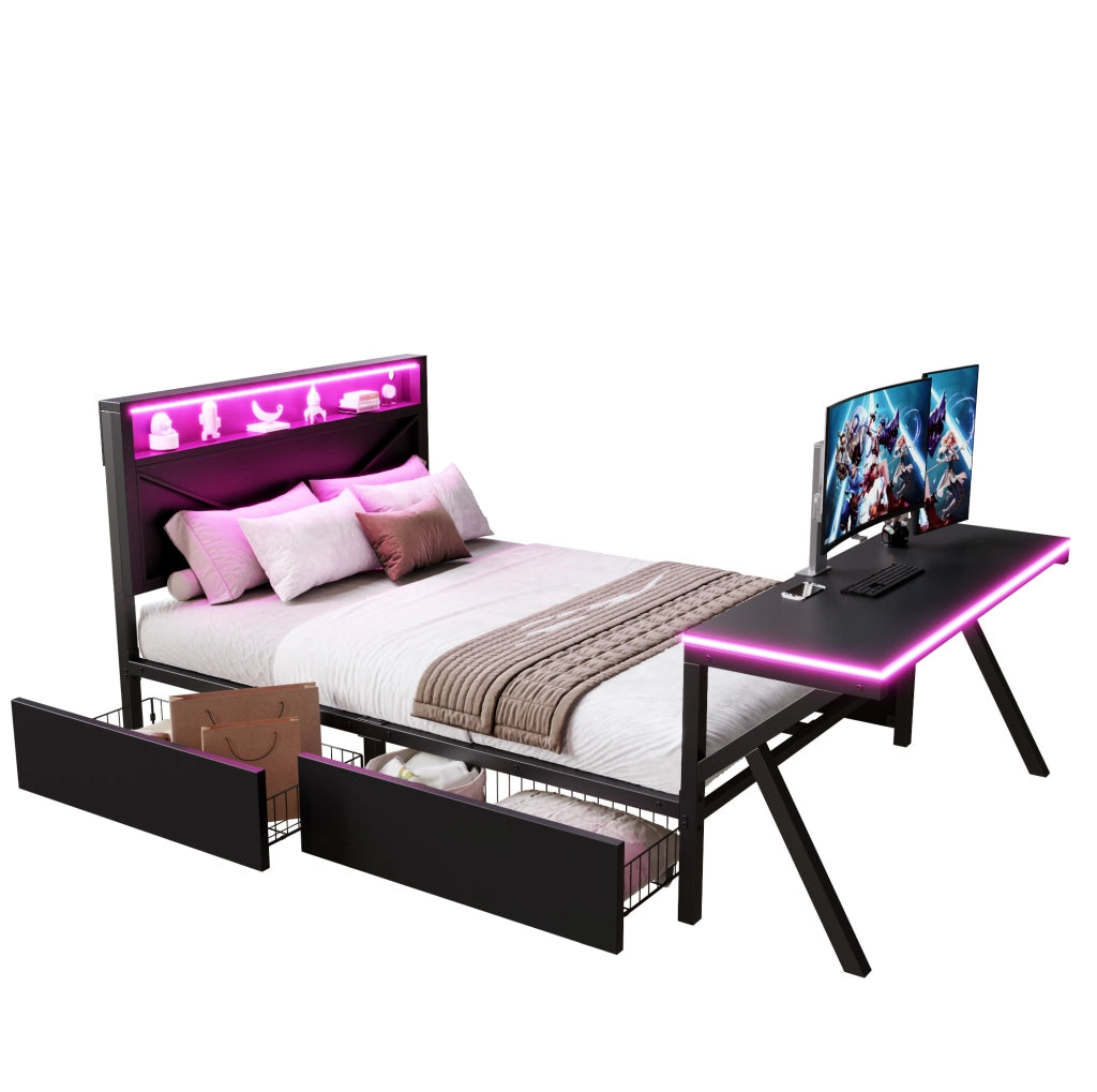 Letto piattaforma gaming 140x200 cm in MDF e metallo nero con LED e contenitori