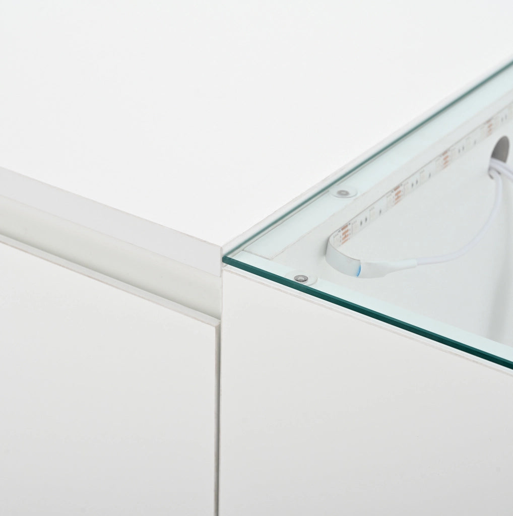 Tavolino moderno bianco 105x50x35 cm con ripiani in vetro, LED RGB e 2 cassetti
