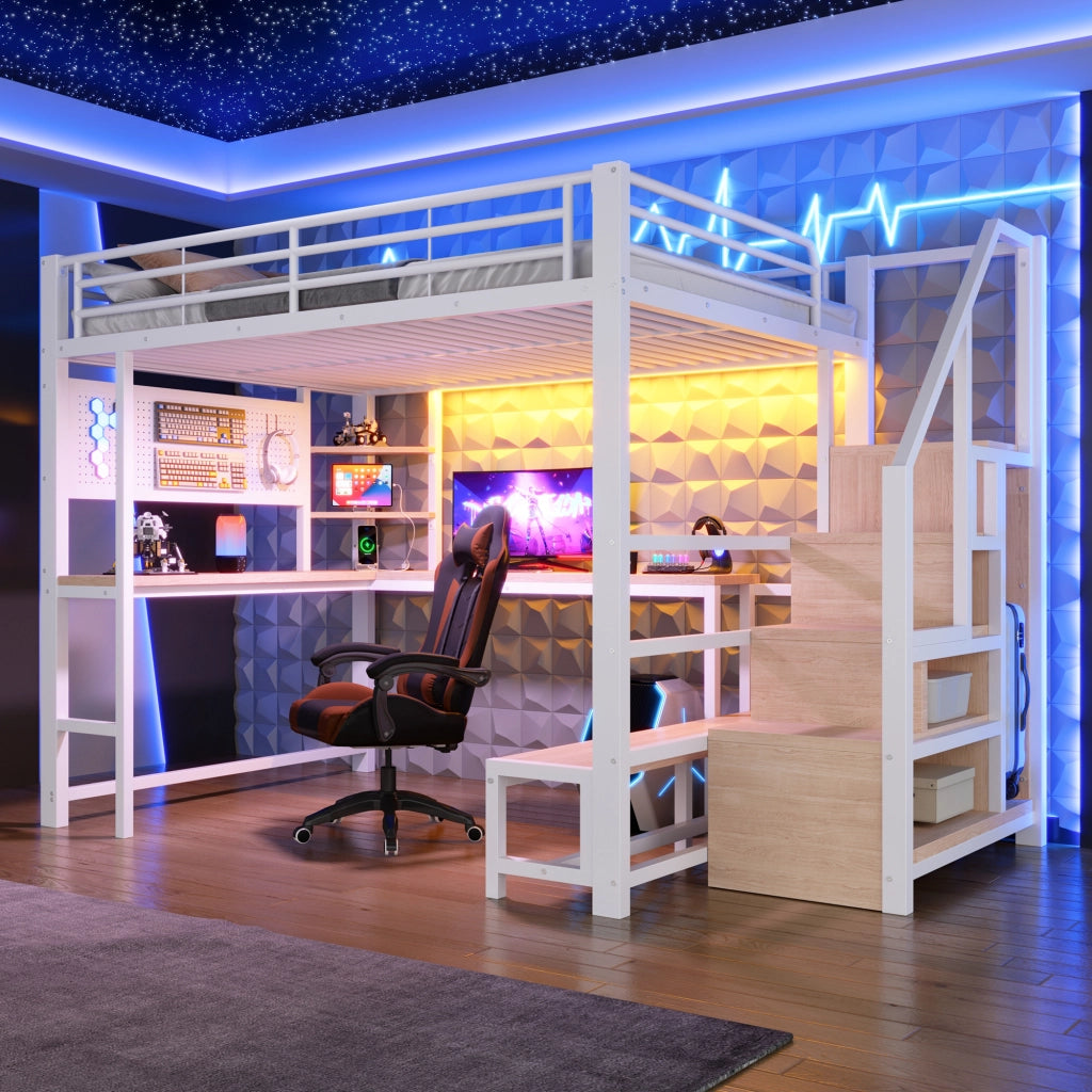 Letto a soppalco 140 × 200 cm con scrivania, scala contenitore, mensole, LED e porte USB e USB-C in metallo e MDF