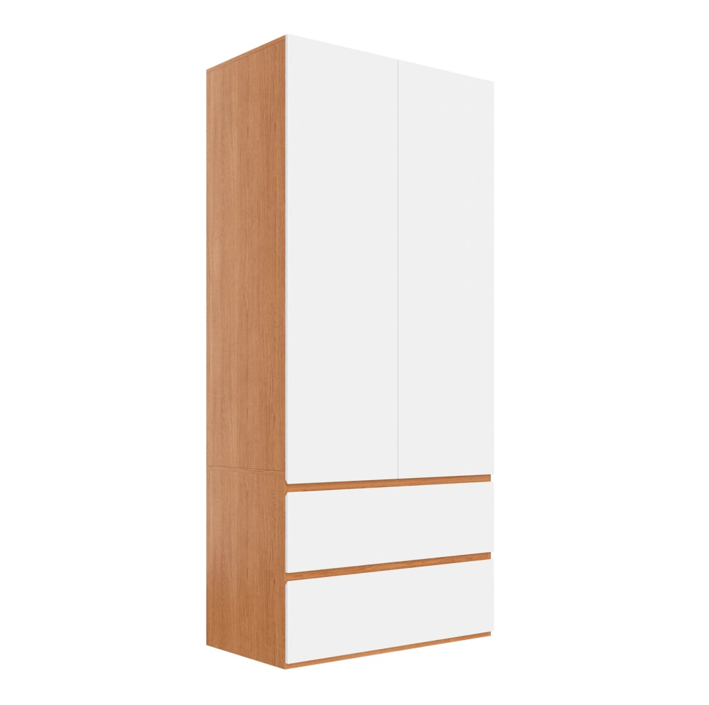 Armadio guardaroba con 2 ante, 2 cassetti, 1 barra appendiabiti, 90x50x200 cm, bianco con finiture rovere