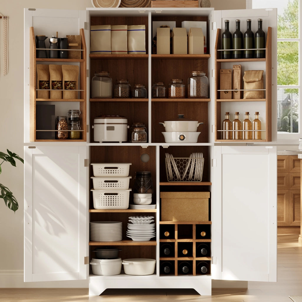 Mobile colonna da cucina con 4 ante; portabottiglie e ripiani sulle ante in MDF bianco e naturale 80 × 40 × 180 cm