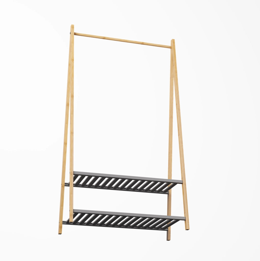 Appendiabiti in bamboo con 2 ripiani e barra per abiti, stand salvaspazio per ingresso e camera da letto