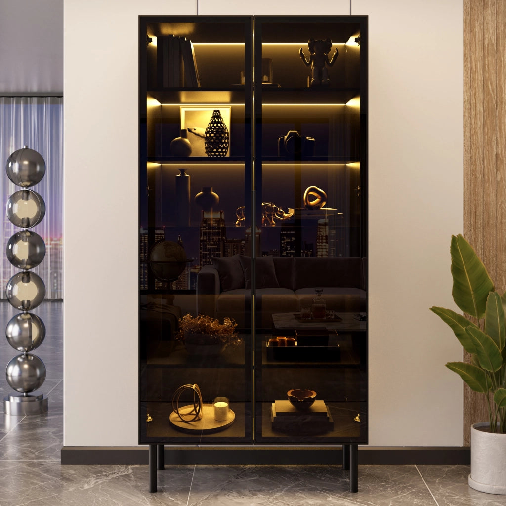 Vetrina con 2 ante in vetro LED con controllo tramite app e 2 cassetti per soggiorno nera 70 × 36 × 170 cm