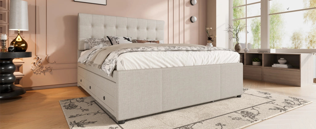 Letto imbottito matrimoniale 140 ¡Á 200 cm estraibile con tre cassetti testiera regolabile beige