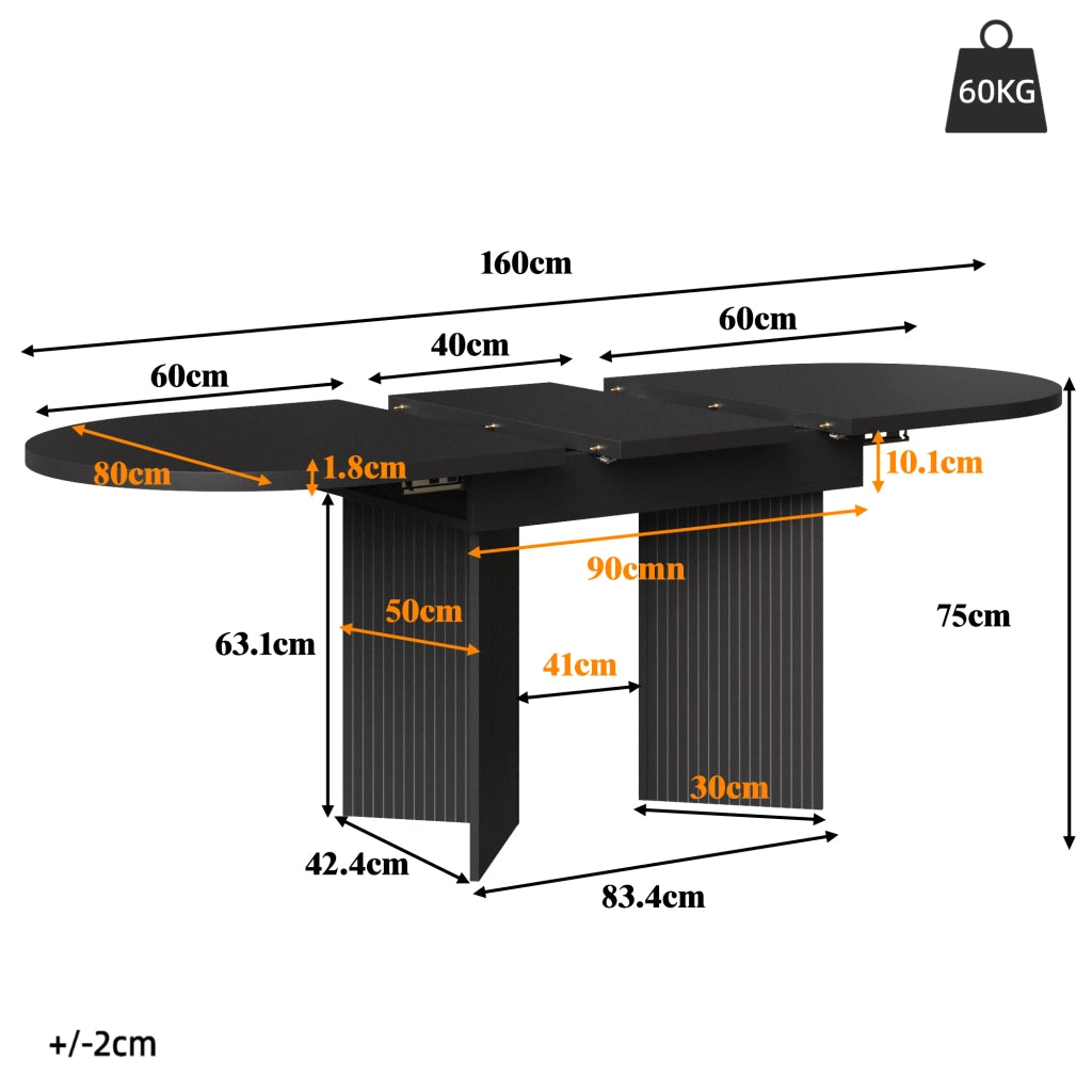 Tavolo allungabile con piano telescopico e gambe scanalate, per cucina e soggiorno, in MDF nero, 120-160 × 80 × 75 cm