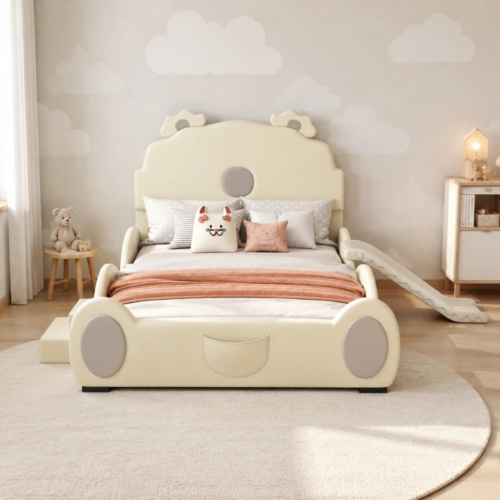 Letto singolo 140 × 200 cm con scivolo e scala in PU e MDF beige