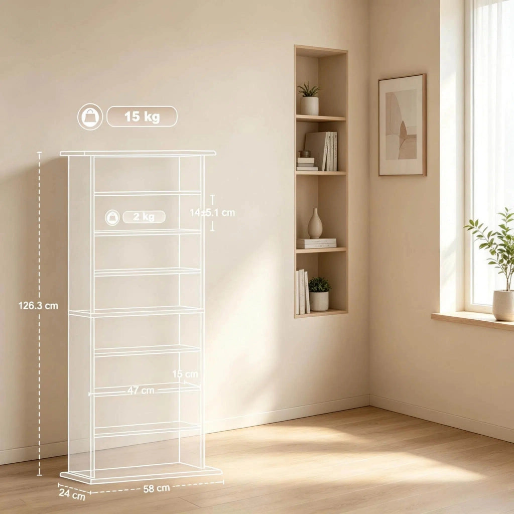 Mobile porta CD e DVD 58x24x126.3 cm con 6 ripiani regolabili in pannello di particelle bianco