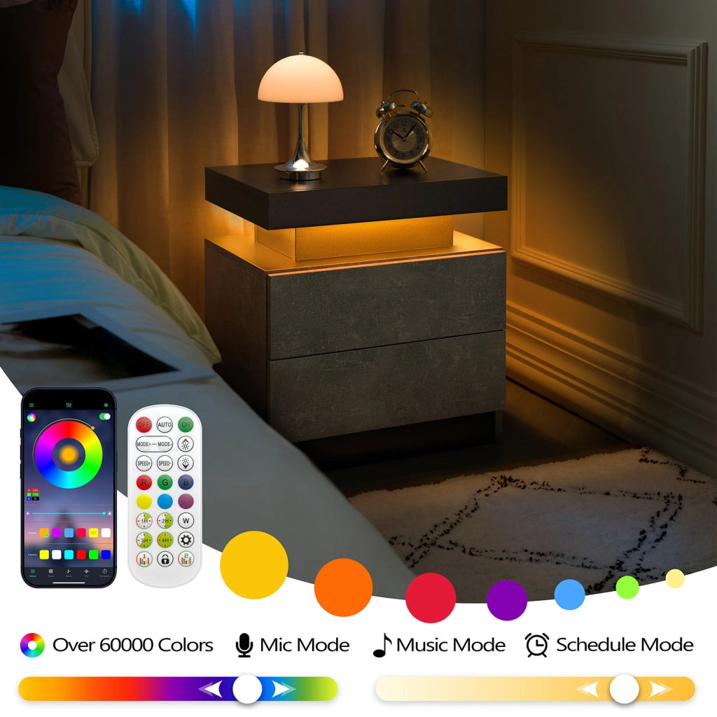 Comodino moderno con luci LED regolabili, 2 cassetti grigio per camera da letto