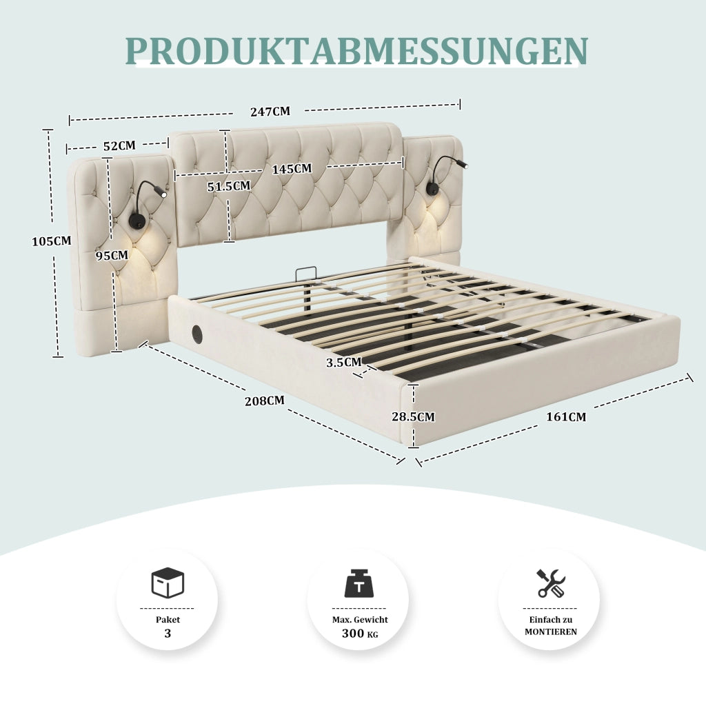 Letto matrimoniale contenitore 160 × 200 cm 2 posti con luci, USB e sollevamento idraulico, senza materasso, beige