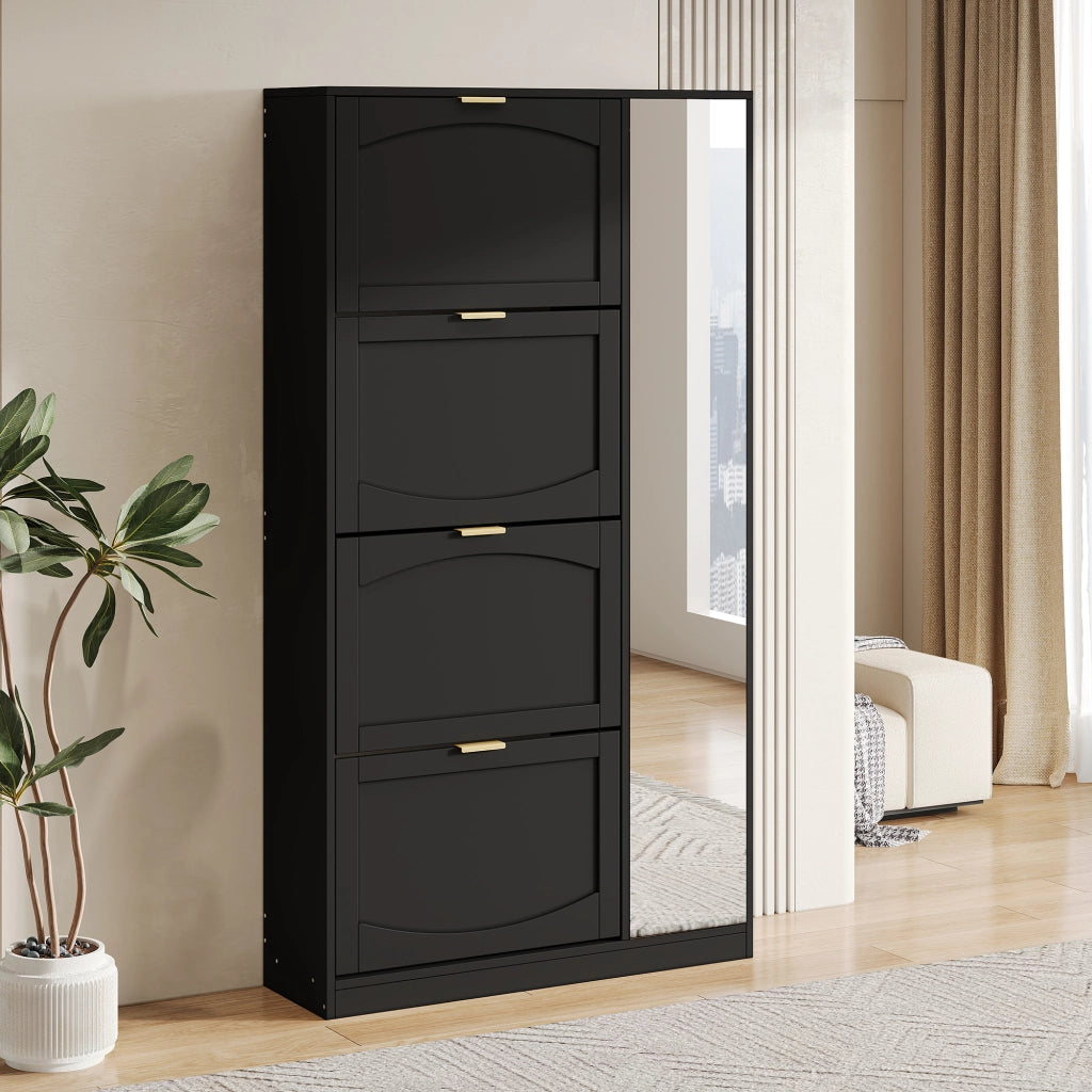 Scarpiera con specchio, 4 vani estraibili e ripiani regolabili, per ingresso, in truciolare nero, 80 × 24 × 147 cm