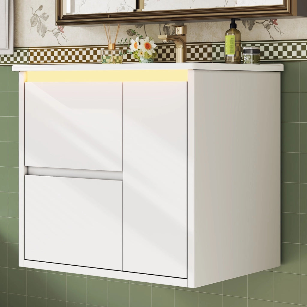 Mobiletto con lavabo sospeso con due cassetti e LED a sensore in MDF e ceramica bianco 61 × 46.5 × 57 cm