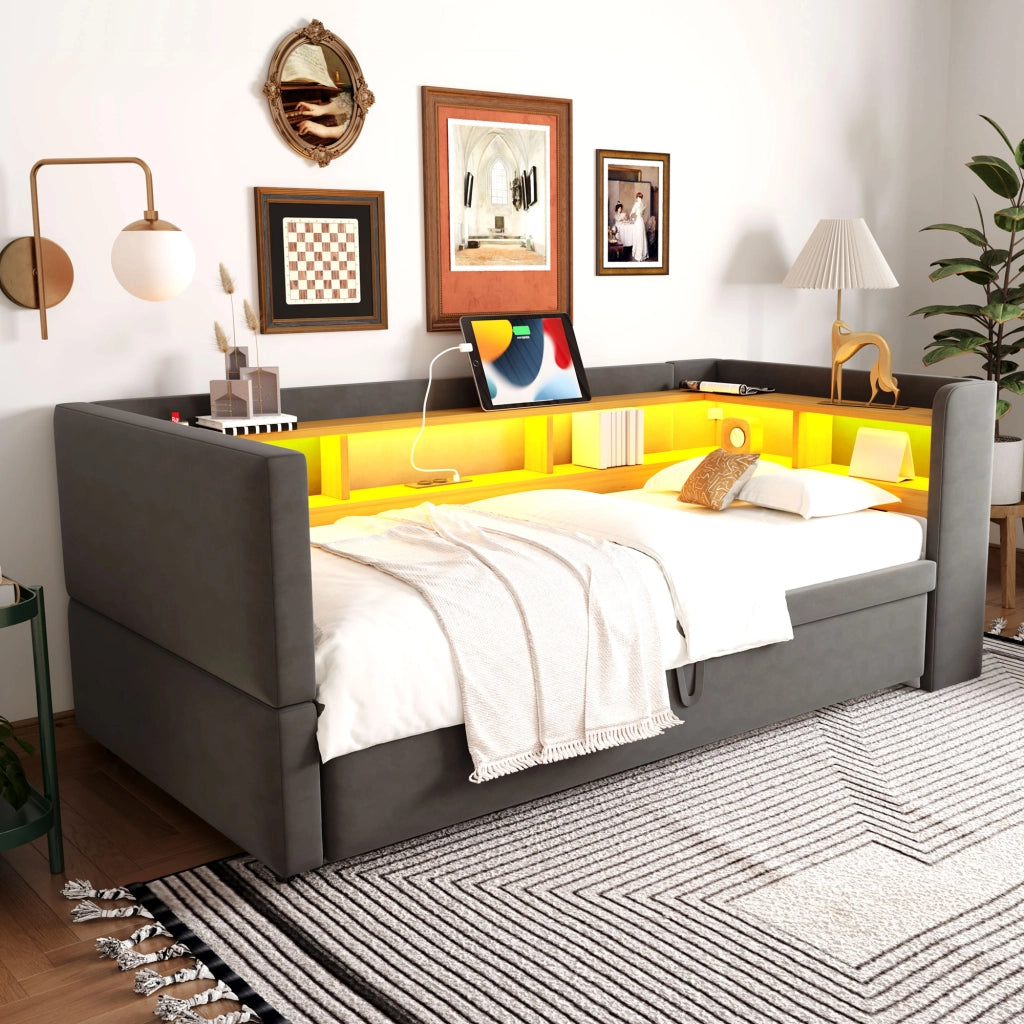 Letto Estraibile Letto Singolo 90/180 x 190 cm con LED; prese e vani contenitore