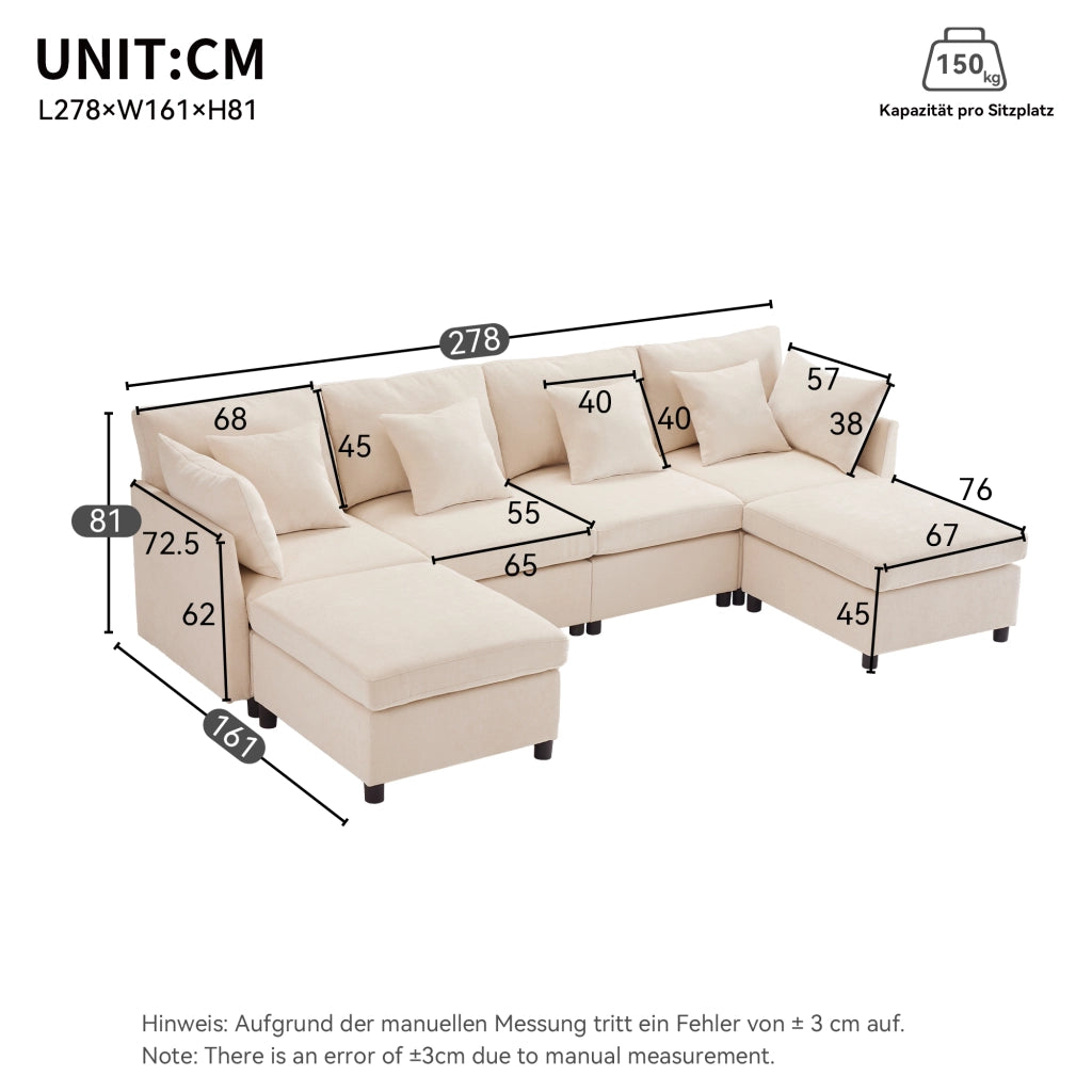 Divano modulare 278x161 cm in ciniglia beige con 2 pouf e 6 cuscini