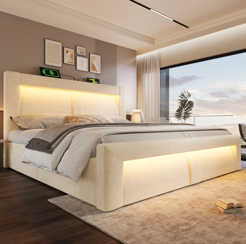 Letto matrimoniale contenitore 140x200 cm in velluto beige con LED e ricarica USB-C HOMVRA
