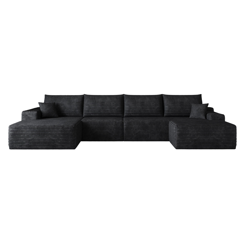 Divano angolare modulare 340 cm con chaise longue a L, tessuto di velluto a coste nero, senza montaggio richiesto
