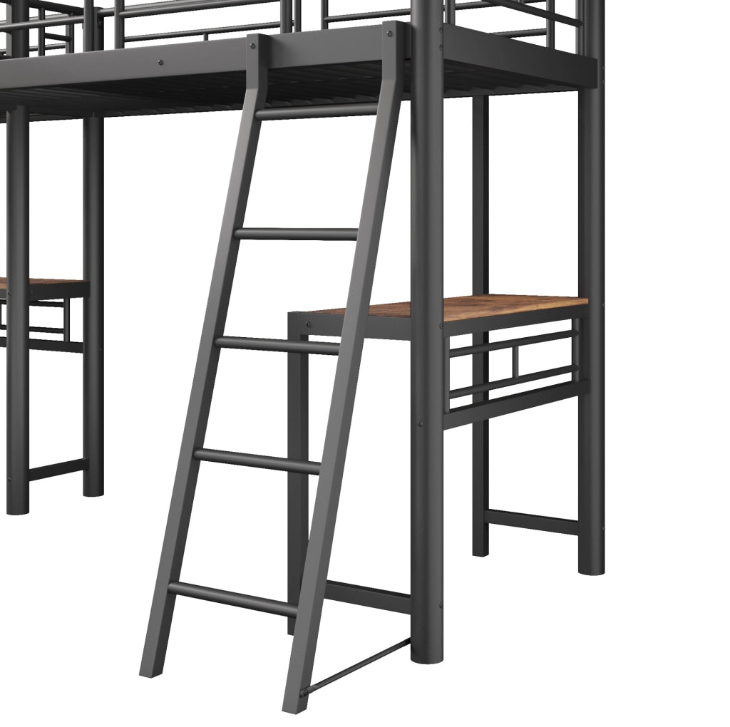 Letto a soppalco 90 x 200 cm con scrivania; scala doppia e parapetto alto; ferro e MDF; nero