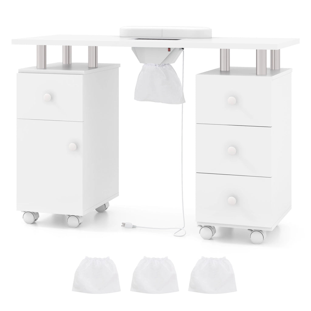 Tavolo manicure aspirapolvere 3 sacchetti supporto polso cassetti, Scrivania mobile nail 8 ruote postazione lavoro legno nail art spa trucco Bianco
