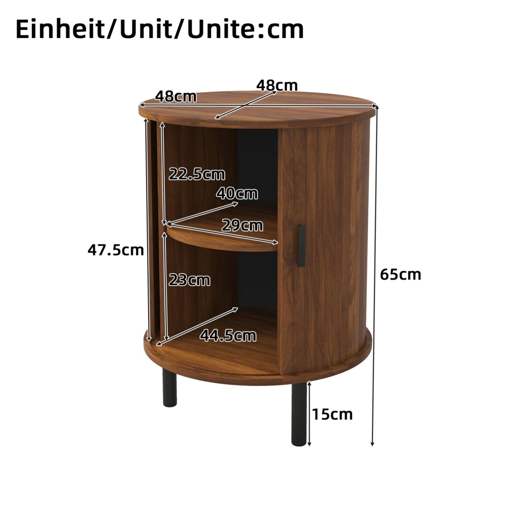 Comodino rotondo 48x48x65 cm con anta scorrevole in MDF e pannello truciolare color noce HOMVRA