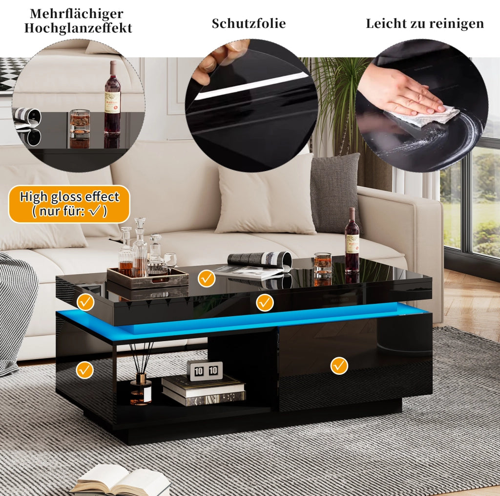Tavolino da soggiorno moderno Nero lucido con LED, 100x50x40,3 cm, con cassetto e portata 50 kg