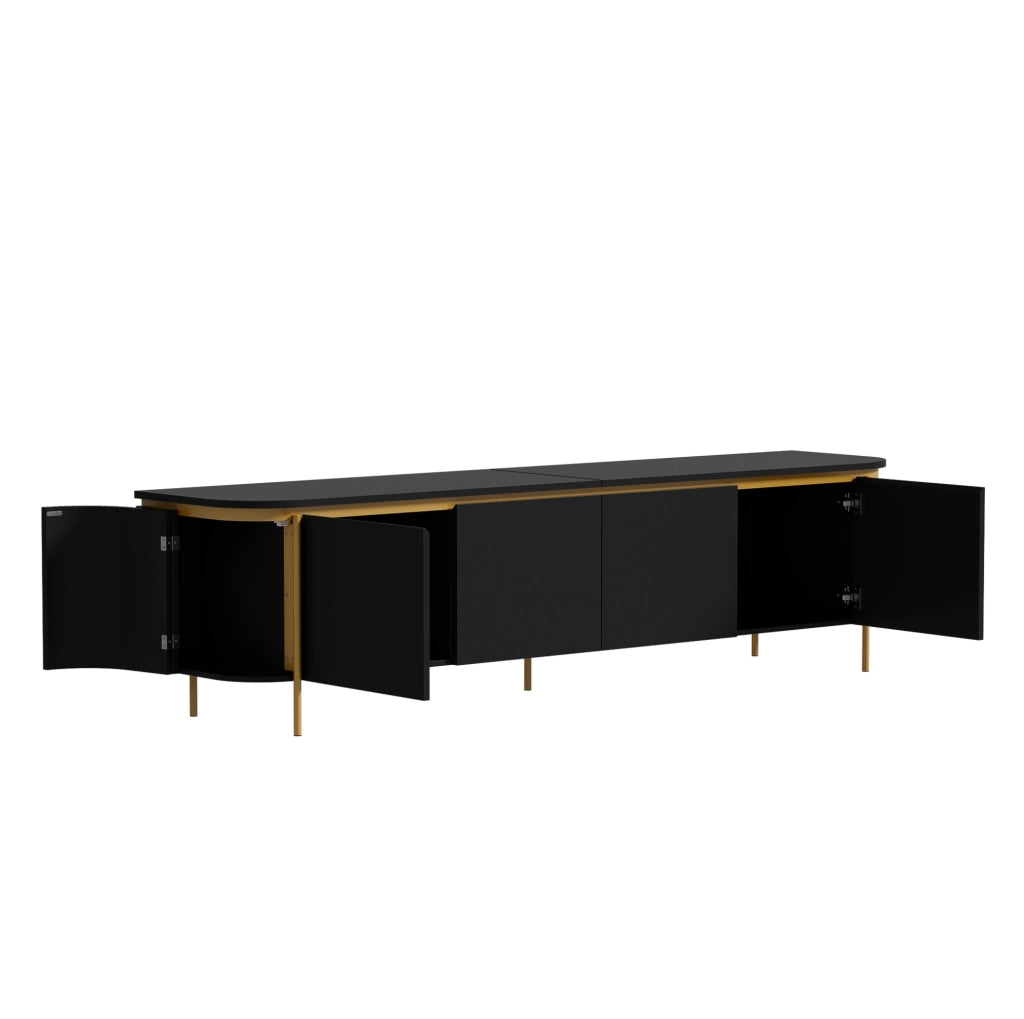 Mobile TV in MDF nero con 6 ante, piedi in ferro e passacavi, design con lati scanalati e angoli arrotondati, 180x38x46 cm