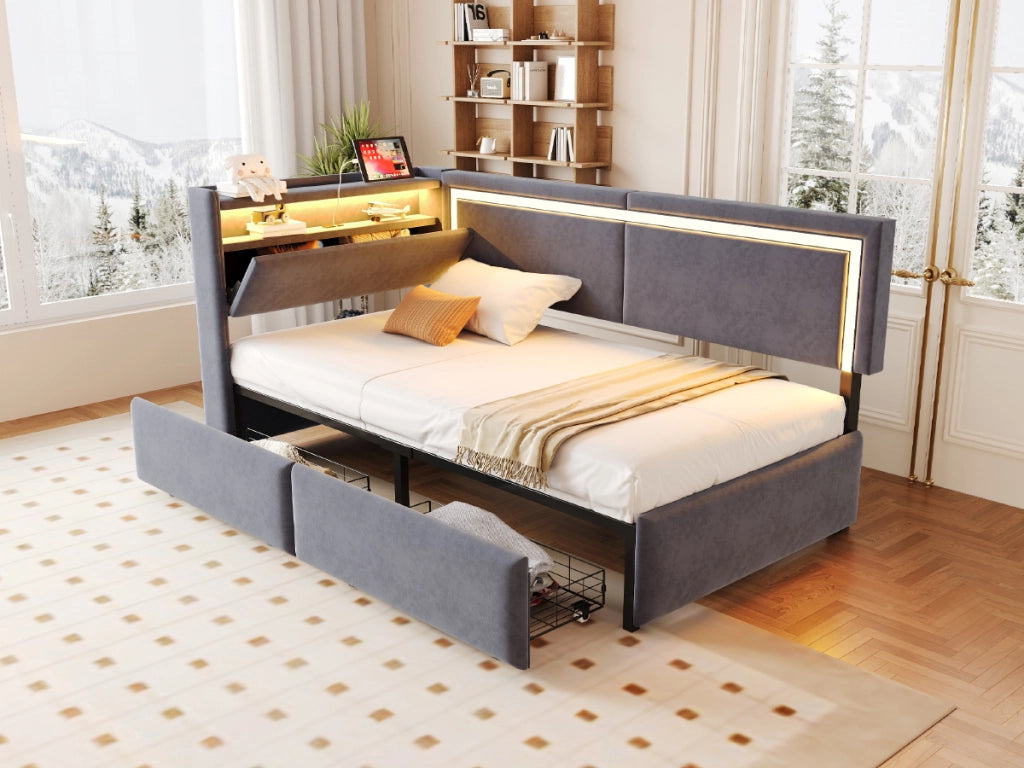 Divano letto imbottito 90×200 cm in velluto grigio scuro con testiera contenitore apribile, luci LED e porta USB, senza materasso