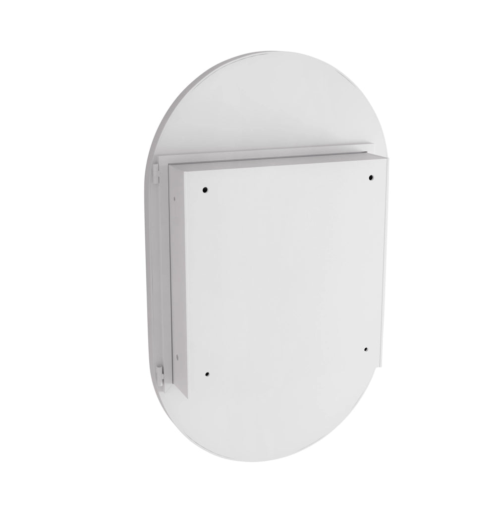 Mobiletto da bagno a incasso con specchio ovale, telaio metallico e ripiani regolabili, bianco