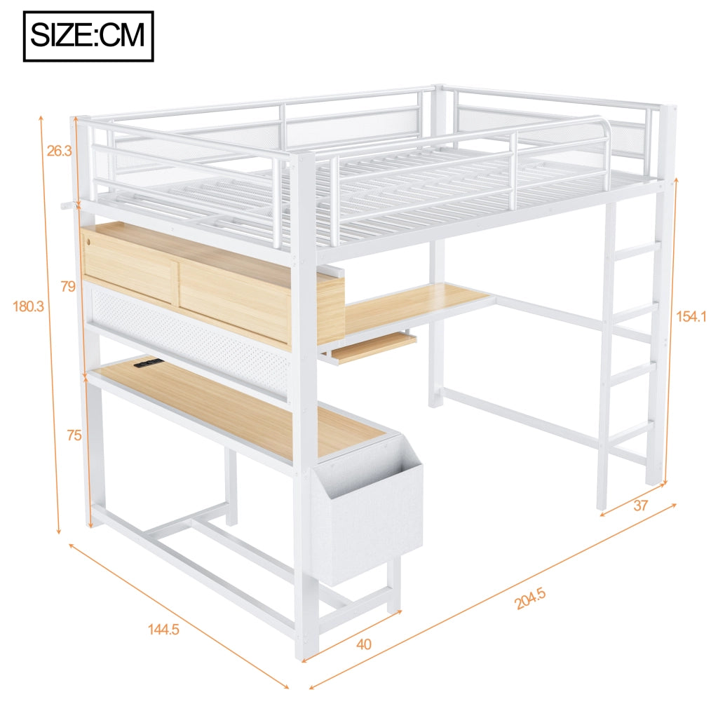 Letto a Soppalco 140x200 cm con Scrivania; LED; USB; Contenitore; Scala e Sponde; Bianco