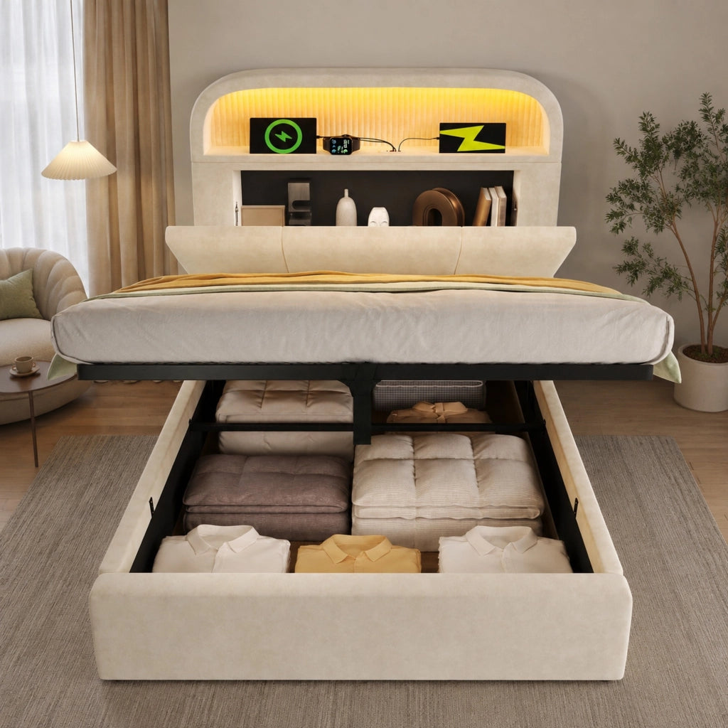 Letto singolo con contenitore 90 × 200 cm testiera regolabile LED USB e Type-C in velluto beige con rete