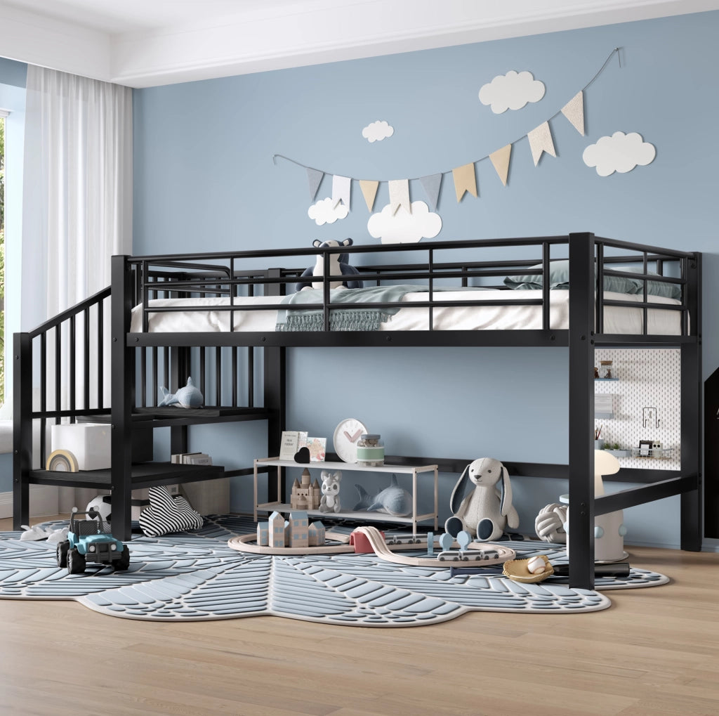 Letto a soppalco per bambini 90x200 cm in metallo nero con scala contenitore