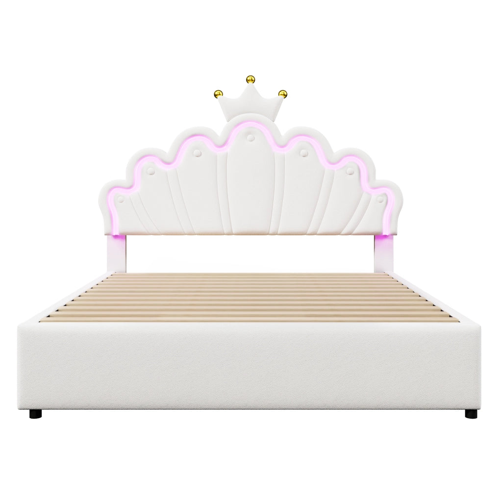 Letto matrimoniale Princess imbottito 140x200cm con 2 cassetti e forma di corona in PU bianco