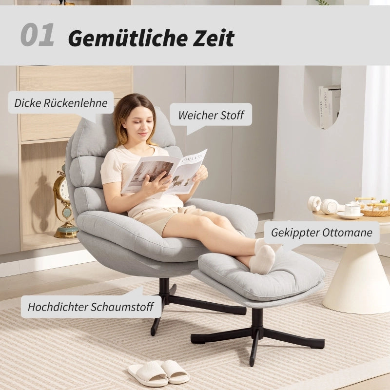 Fauteuil con pouf girevole a 360° con schienale alto e seduta ampia in tessuto chenille bianco crema