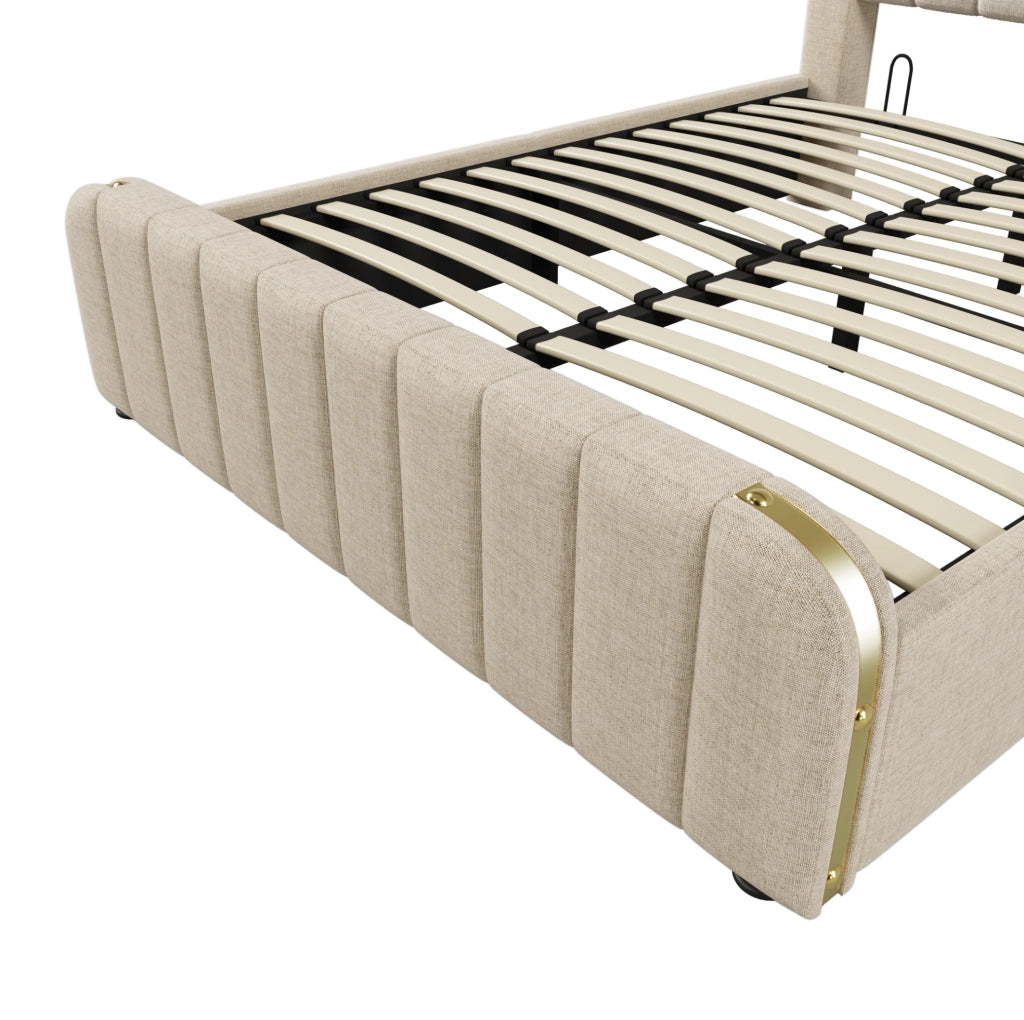 Letto imbottito contenitore 140x200 cm con USB e Type-C; beige
