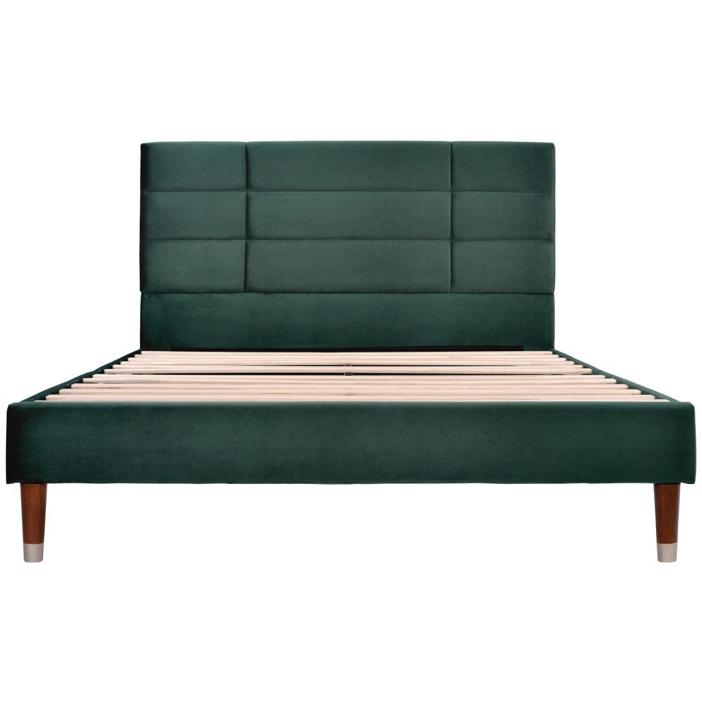 Letto imbottito 140 × 200 cm con rete a doghe testiera imbottita in velluto verde struttura in legno