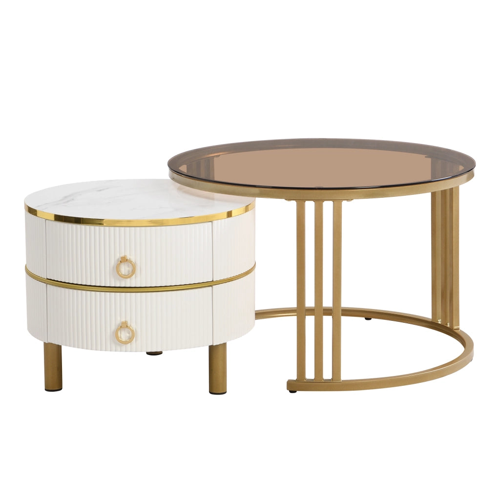 Tavolini bassi impilabili con 2 Cassetti; Piano in Vetro Temperato e MDF; per Soggiorno; Bianco; 70 × 70 × 45 cm